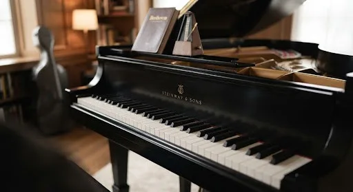 Grand piano in a practice room